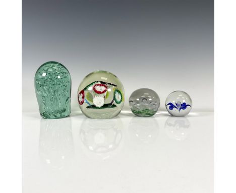 Lovely domed glass paperweights include - flowers 4.5"H, green domed swirled bubbles 6.5"H, green and white floral 3"H and bl