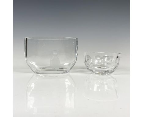 Oval cut crystal dish with satin cut figural gazing at moon and star. Small round windowpane design on circumference 2.5"H x 