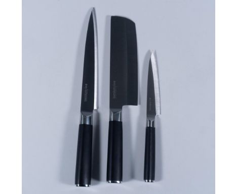 Handcrafted Japanese Ibaraki steel blades. 7-inch Nakiri vegetable knife, 8.5-inch slicing knife, and 5-inch utility knife. H