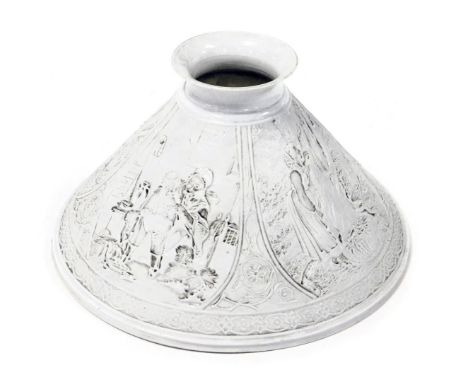 A late 19thC French lithopane lamp shade, moulded with five panels, showing a grandmother and grandchild in an interior, and 