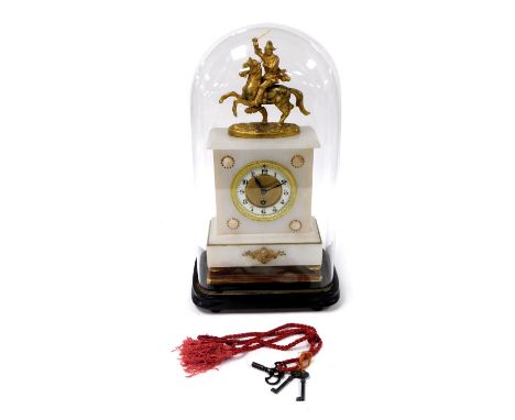 A late 19thC French alabaster and gilt metal mantel clock, circular brass dial with enamel chapter ring bearing Arabic numera