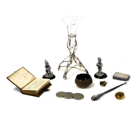 A Victorian cut glass and silver plated flower trumpet on stand, silver handled button hook, three commemorative crowns, bras