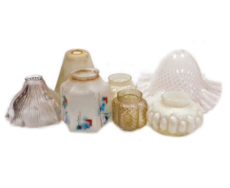 A group of late 19thC and later glass bowls and lamp shades, including a continental shade painted with flowers, a frilled wh
