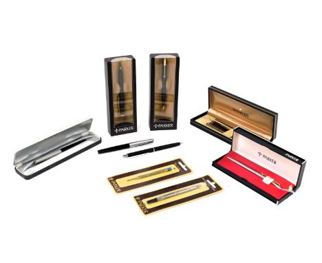 A Scheaffer gold plated ball point pen, Parker Flighter de Luxe ball point pen, two ball point pens for Neff, Parker roller b