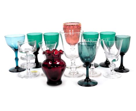 A group of 19thC and later glassware, including late 19thC green wine glasses, Lincoln Cathedral commemorative glass, Bohemia