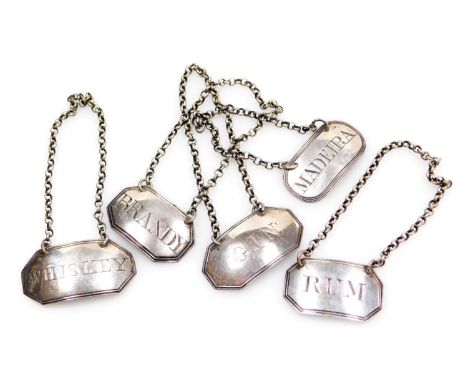 Five George III silver decanter labels, with chains, named for Rum, Gin, Madeira, Brandy, and Whiskey, 1.09oz.