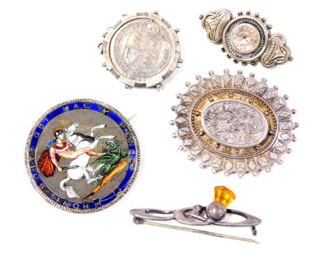 A Charles Horner silver thistle brooch, three further Victorian brooches, and a silver and enamel Georgian crown brooch. 