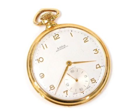 An Art Deco Liga gold plated pocket watch, open faced, keyless wind, circular dial bearing Arabic numerals, subsidiary second