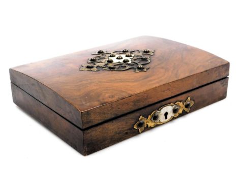 A Victorian walnut brass and bone bound playing card box, with a four division interior, containing playing cards, and four G