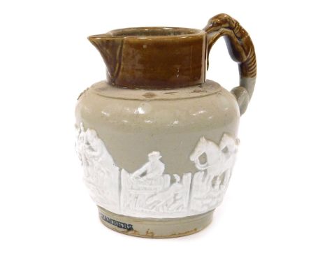 A mid 19thC stoneware hunting jug, two tone, with a hound handle, named to the rim of the body with ''Mrs Chambers'', 17cm hi