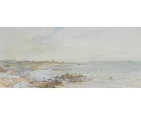 English School  (late 19th/early 20thC).  Coastal seascape with figures and gulls, watercolour, 25cm x 52.5cm.