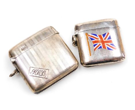 An Edward VII silver and enamel Vesta case, decorated with the Union Flag, Birmingham 1901, and a George V silver Vesta case,