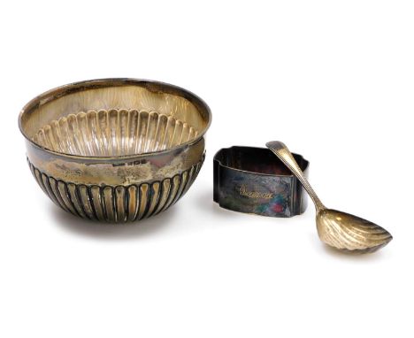 A George V silver sugar bowl, of semi fluted form, Birmingham 1912, together with a Georgian silver caddy spoon, and George V