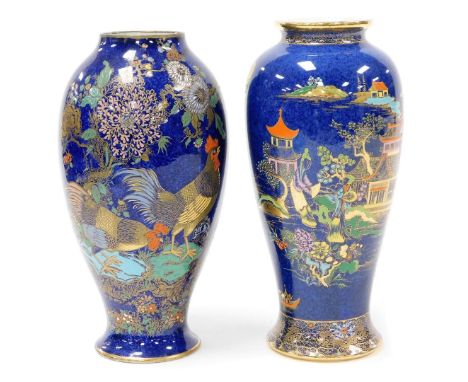A Carltonware pottery vase, decorated in the Peacock and Peony pattern, Q522, printed marks, 24.5cm high (AF), together with 