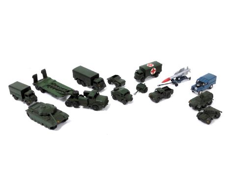 A group of Dinky diecast military vehicles, including a tank transporter, Centurion tank, ten tonne army truck, armoured and 