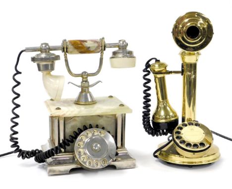 A late 20thC white metal and green onyx telephone, together with an Astral brass cased candlestick telephone. (2)