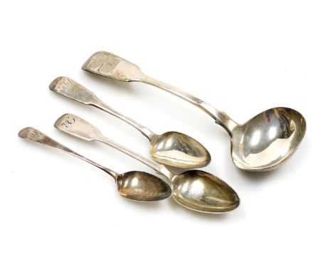 A Victorian silver cream ladle, Joseph and Albert Sabory, London 1844, together with two Georgian teaspoons and a Victorian t