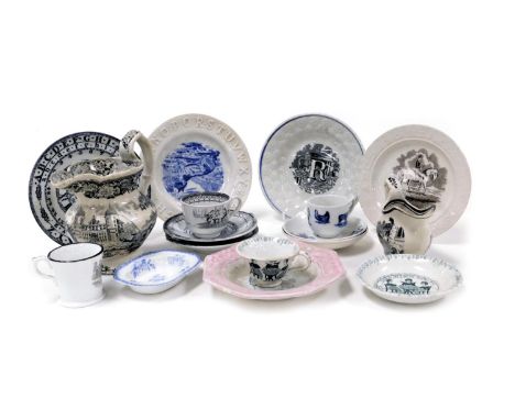 A group of early 19thC pottery, including nursery wares, a school clock plate, Copeland Spode blue and white cup and saucer d