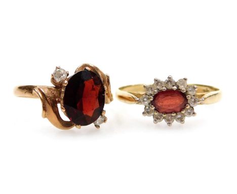 A 9ct gold ruby and cz dress ring, in an oval basket setting, size Q, together with a 9ct rose gold ring, set with an oval re