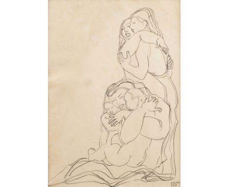 BELA KADARBudapest 1877 - 1956UMARMUNG Feder auf bräunlichem Papier. SM 26,5 x 19 cm (R. 47,5 x 40,5 cm). Unten rechts signie