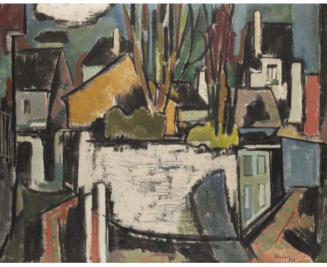 HANS SCHRÖERS1903 Düsseldorf - 1967 ebendaSTADTLANDSCHAFT (1959) Mischtechnik auf Leinwand. 60 x 75 cm (R. 78 x 93 cm). Unten