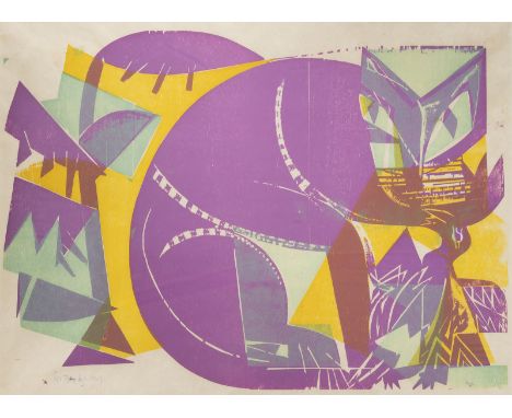 HAP GRIESHABER1909 Rot an der Rot - 1981 Reutlingen'KATZE UND VOGEL' (1960) Farbholzschnitt auf Japan. DM 45 x 60 cm, SM 45,5