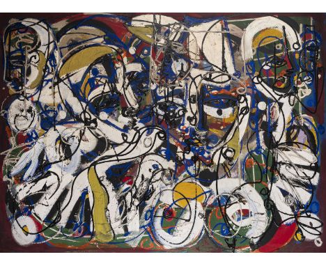 MARKUS TOLLMANN1963 GelsenkirchenABSTRAKTE KOMPOSITION (1993) Mischtechnik auf Platte. 124 x 168 cm (R. 148 x 194 cm). Oben r