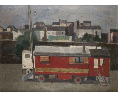 GEORG GRULICH1911 Zittau - 1993 DüsseldorfKULISSE MIT CARAVAN BEI NACHT (1953) Öl auf Leinwand. 60 x 80 cm (R. 77,5 x 97 cm).