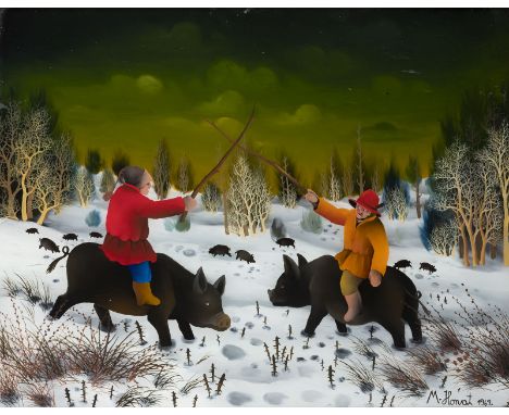MIRKO HORVAT1955 Kroatien'FECHTEN' (1969) Hinterglasmalerei. 37 x 47 cm (R. 41,5 x 52 cm). Unten rechts signiert und datiert 