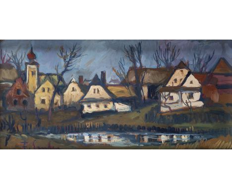 FRANTISEK EMLER1912 Pschelautsch, Tschechien - 1992 PragHERBSTLICHE DORFLANDSCHAFT Öl auf Hartfaser. 27,5 x 51 cm (R. 32 x 56