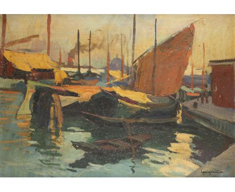 WALTER LANGHAMMER1905 Graz, Österreich - 1977'BARKEN AM ZATTERE' Öl auf Leinwand. 50 x 70 cm (R. 59 x 78,5 cm). Unten rechts 