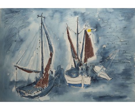 HANS SCHRÖERS1903 Düsseldorf - 1967 ebendaSEGELBOOTE (1955) Aquarell und Feder auf Bütten. SM 47 x 65 cm (R. 66,5 x 84 cm). U