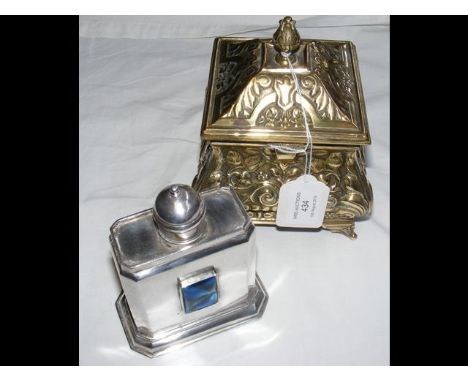 Decorative antique metal tea caddy, together with a plated ditto with cabochon mount  