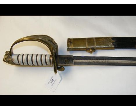 Antique Naval Officer's sword with engraved blade and leather scabbard - 95cm long CONDITION REPORTSword has wear to grip, ot