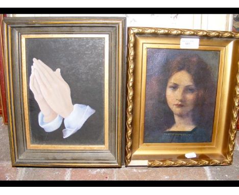 A miniature portrait on canvas, together with a painting of hands 