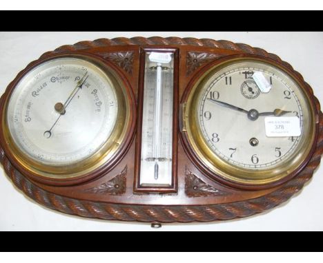 An antique clock, barometer, thermometer set in rope twist surround by Short & Mason of London - 40cm wide 