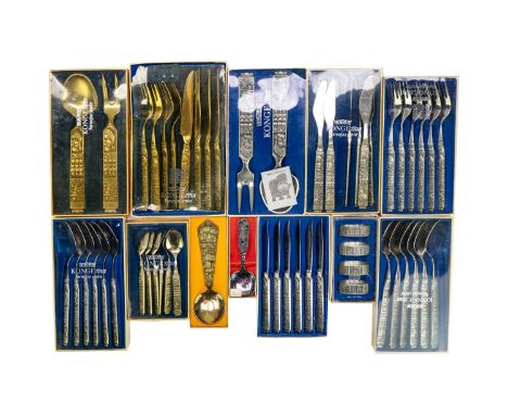 Norwegian Konge tinn cutlery. Includes 12 cased sets together with a Jersey one pound coin.