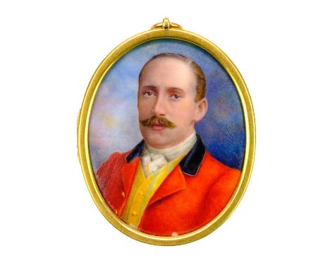William Soper. An enamel oval portrait miniature of a gent, in a red coat and yellow waistcoat, signed, also initialled J.G.K