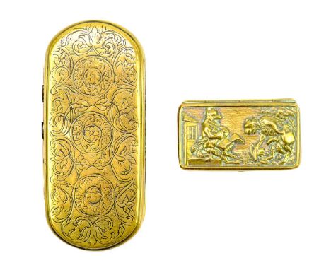An 18th century Dutch copper and brass small snuff box. With engraved decoration, and rounded ends, length 11cm, together wit