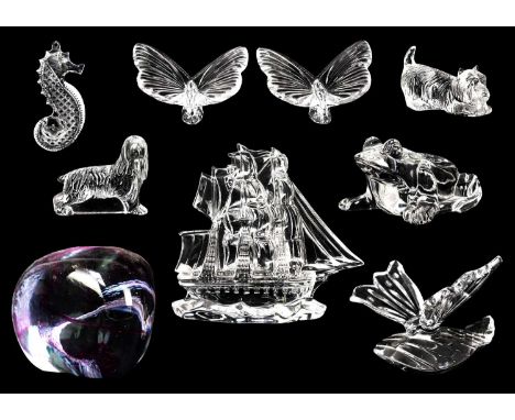 A Waterford crystal model of a sailing ship. Etched mark, height 14.5cm, together with other Waterford pieces including three