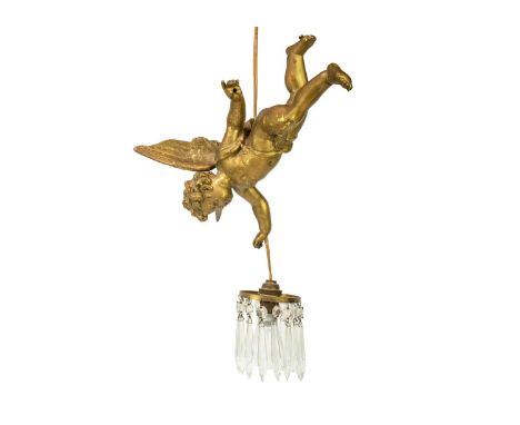 An early 20th century electrolier.  In the form of a gilded cherub holding a light fitting with glass lustre drops. Length of