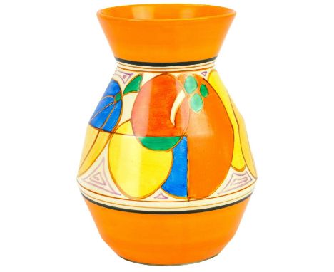 A Clarice Cliff melon (orange) pattern 360 shape vase. Fantasque Bizarre Newport Pottery mark, height 19.5cm.Some very small 