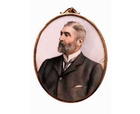 Kate Harris (1874-1908)  A miniature portrait of a bearded gentleman, signed and dated 1902, in a gilt frame and leather case