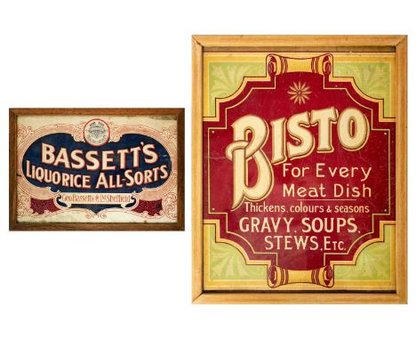 Two vintage printed card advertisements. 'Bisto for every meat dish...', and 'Bassett's Liquorice All-Sorts', 39X31.5cm and 1