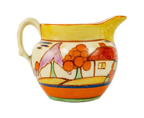 A Clarice Cliff Seven Colour Trees & House pattern Perth jug. Fantasque Wilkinson Ltd mark, height 8.5cm.Chip to rim.