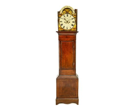 An eight day mahogany longcase clock. 19th century, the painted arched dial with a moon phase, the case with boxwood stringin