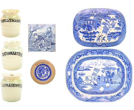 Blue and White. A 19th century Wedgwood blue and white transfer printed tile, titled 'March', a Staffordshire meat platter tr