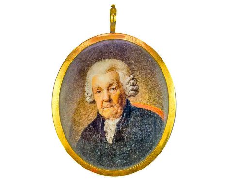 A 19th century portrait miniature.   An oval, bust length portrait of a gentleman, wearing a powdered wig, cravat, black wais