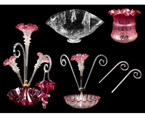 A late Victorian cranberry tinted four flute epergne. On a scalloped base, height 52cm, together with a cranberry epergne bas