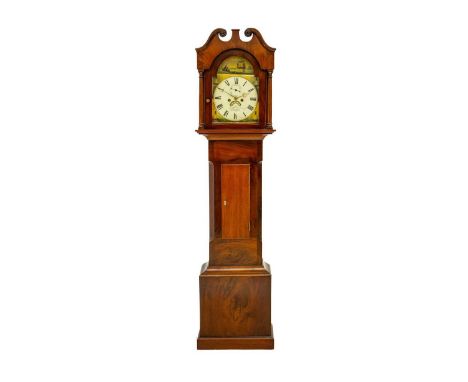 A 19th century mahogany eight-day longcase clock. The arched painted dial signed Benham Collumpton (sic) and decorated with a